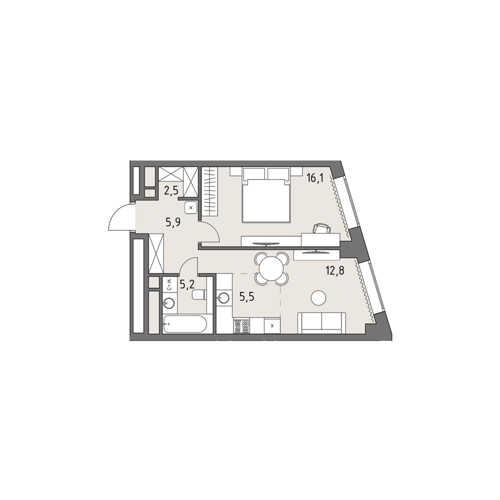 2 комн. квартира, 48.1 м², 28 этаж 
