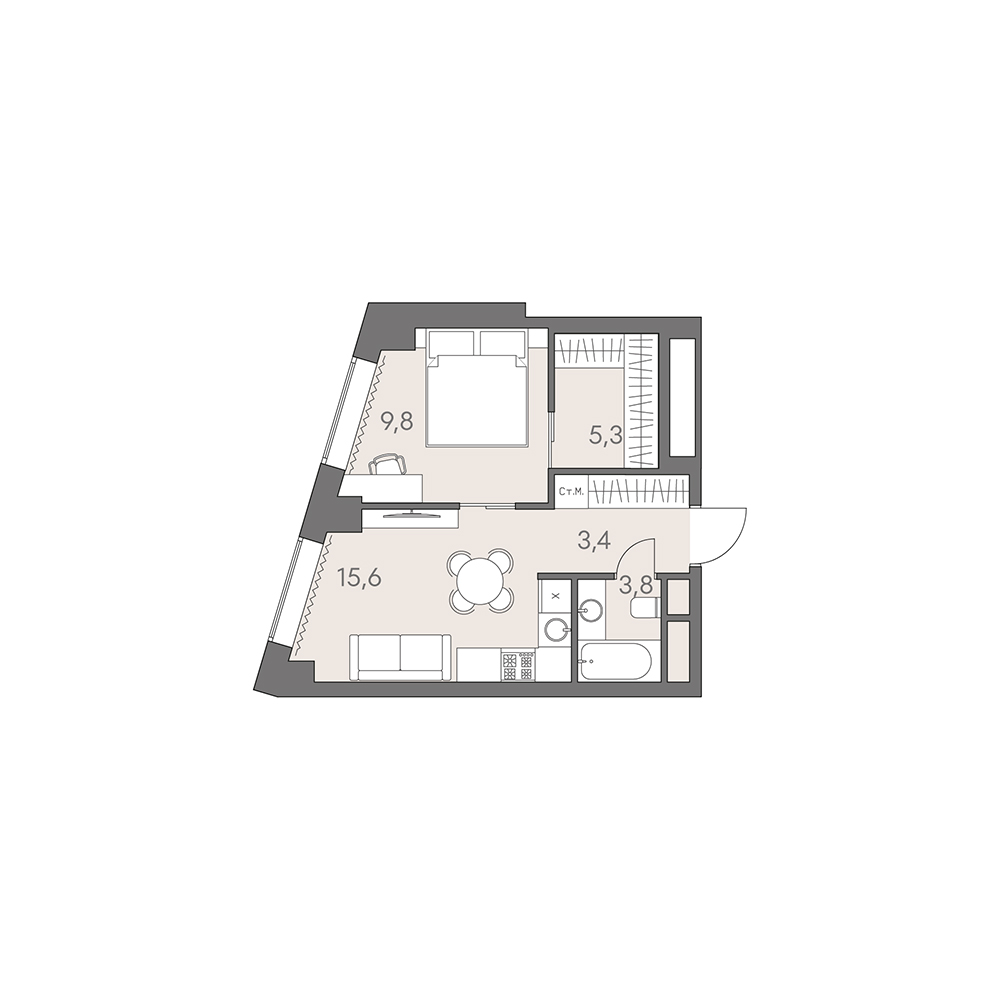 студия, 37.9 м², 28 этаж 