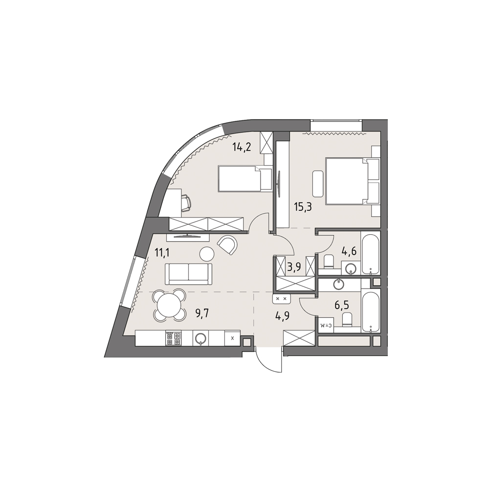 3 комн. квартира, 70.1 м², 28 этаж 