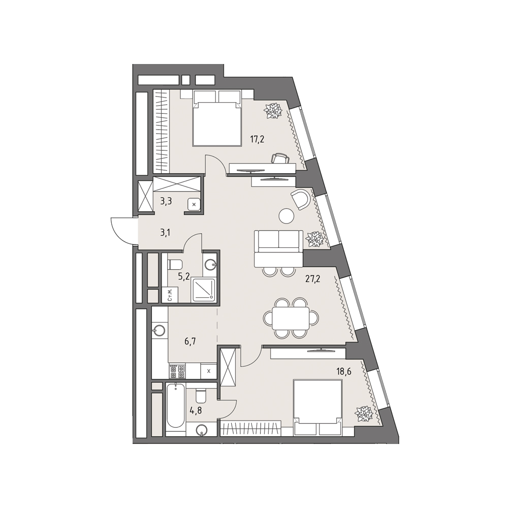 3 комн. квартира, 86.1 м², 4 этаж 