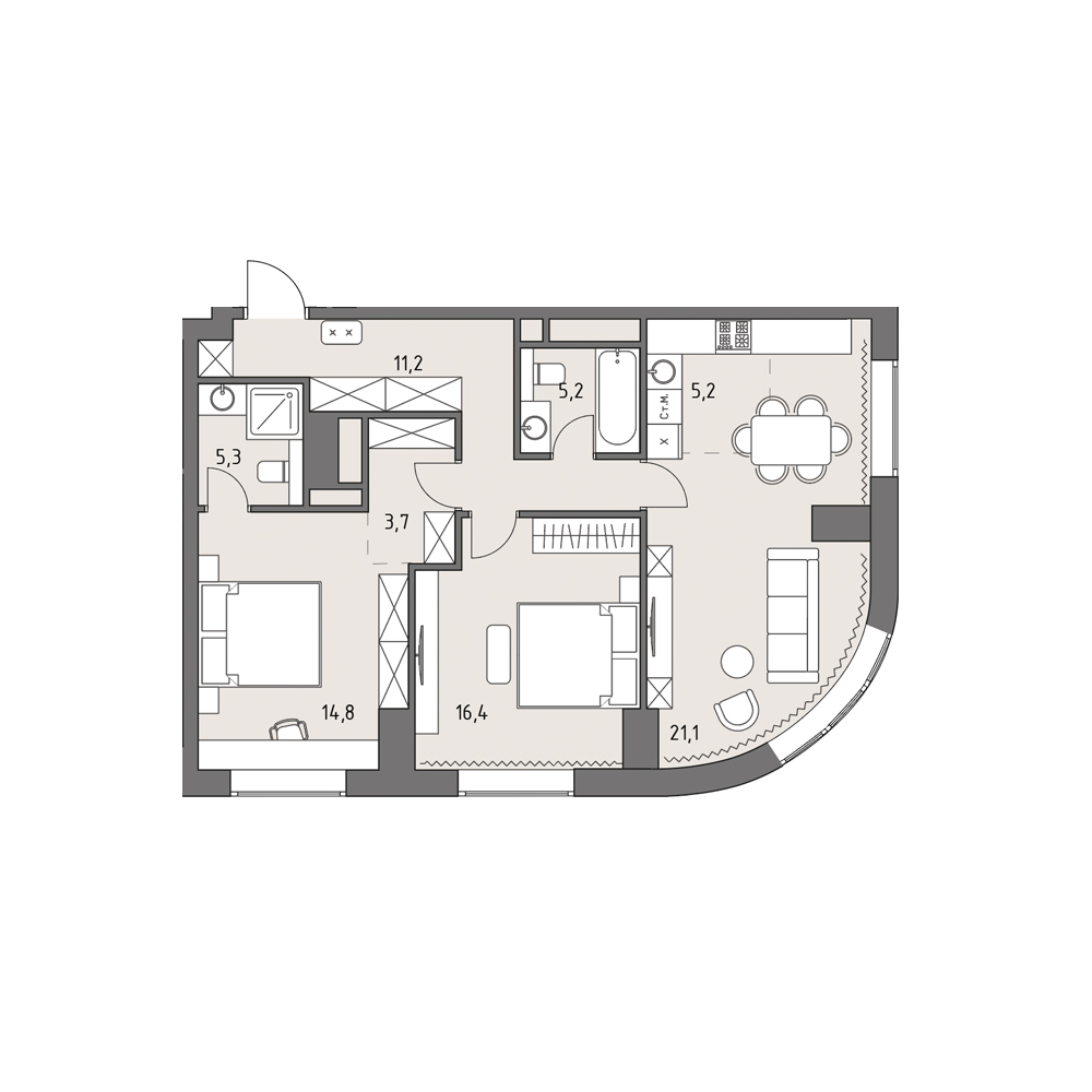 3 комн. квартира, 82.9 м², 4 этаж 