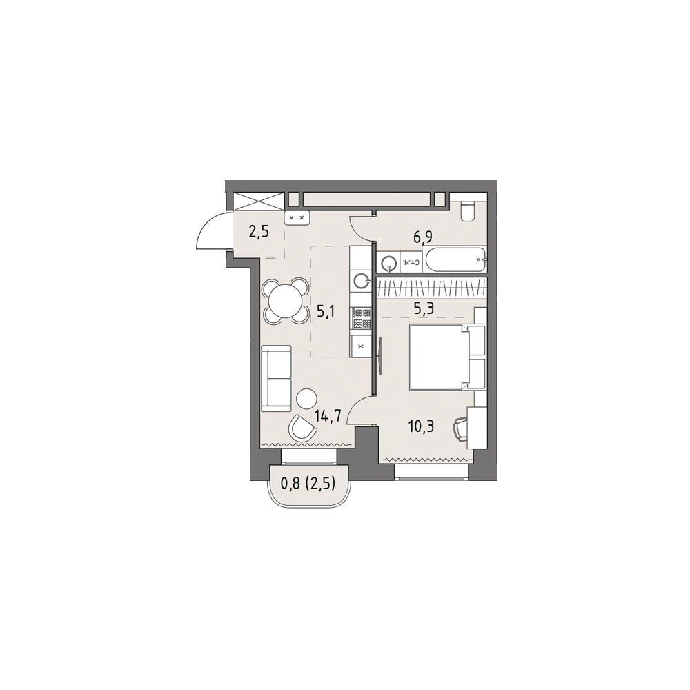2 комн. квартира, 45.8 м², 5 этаж 