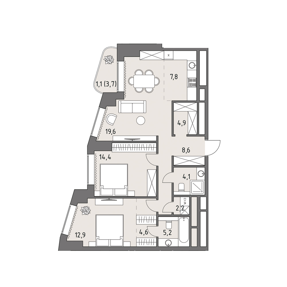3 комн. квартира, 85.3 м², 5 этаж 