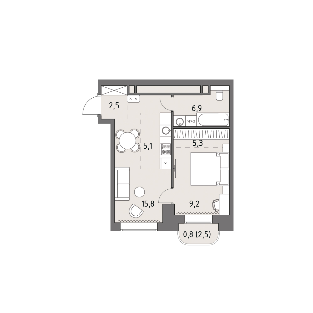 2 комн. квартира, 45.8 м², 7 этаж 