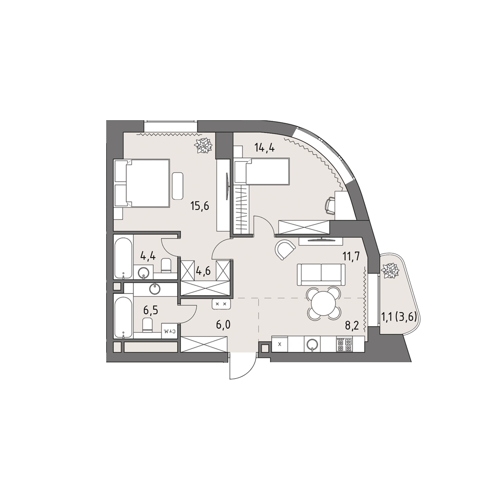 3 комн. квартира, 74.9 м², 9 этаж 