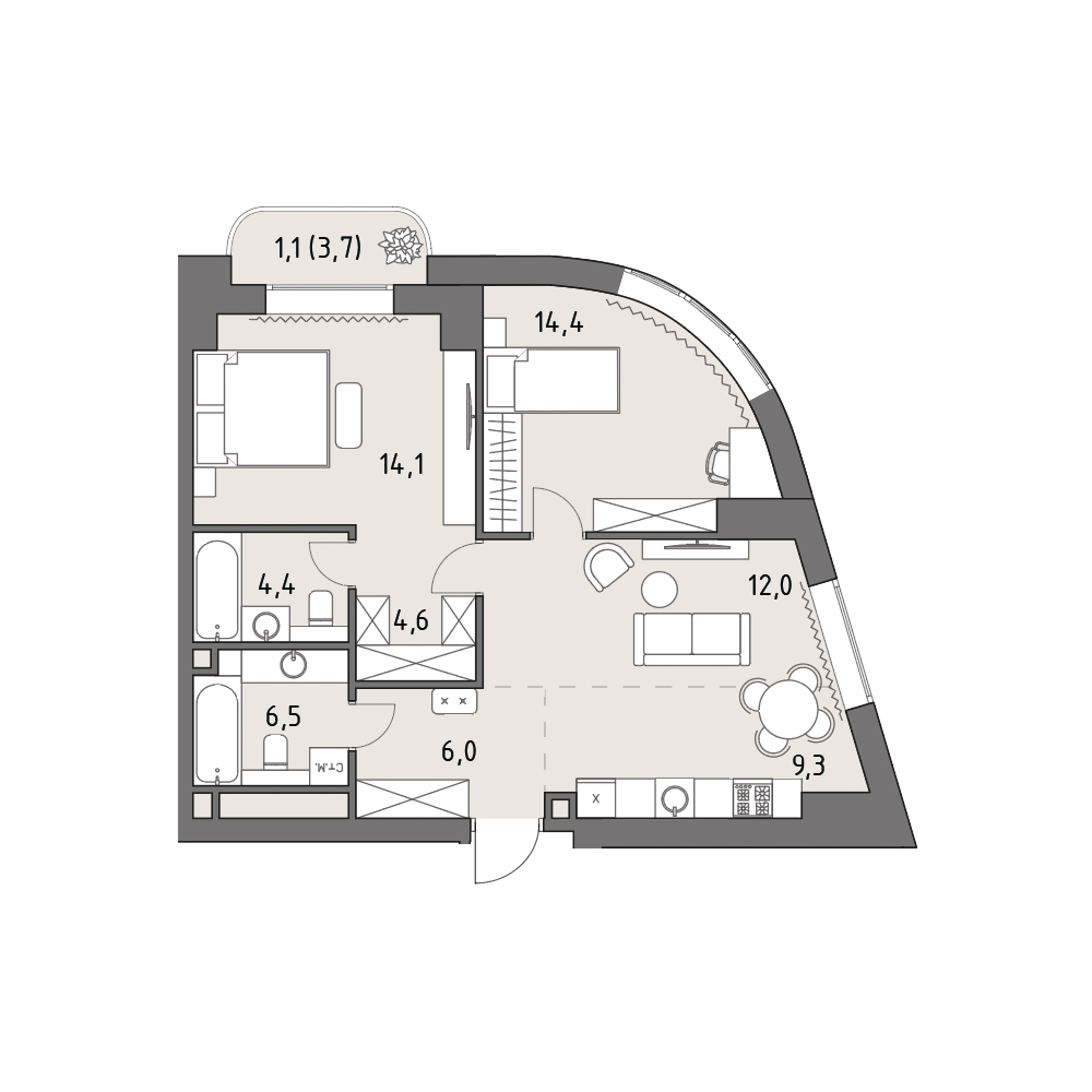 3 комн. квартира, 72.2 м², 11 этаж 