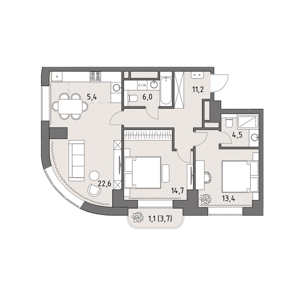3 комн. квартира, 78.9 м², 11 этаж 