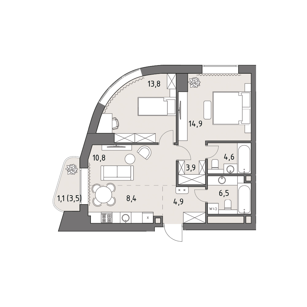 3 комн. квартира, 68.9 м², 11 этаж 