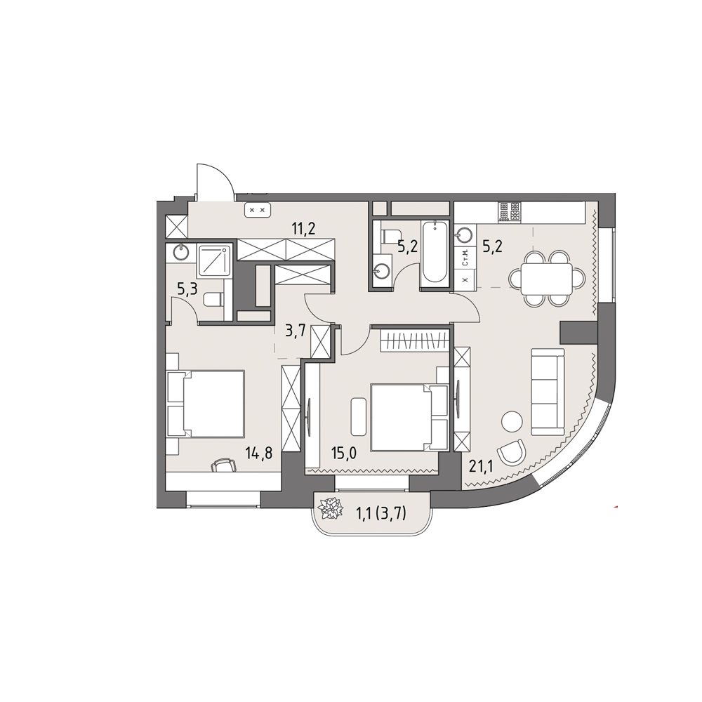 3 комн. квартира, 82.5 м², 13 этаж 
