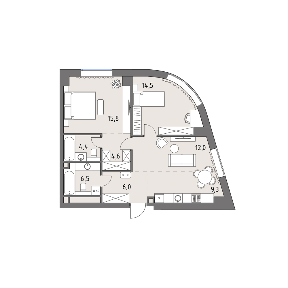 3 комн. квартира, 73.1 м², 17 этаж 