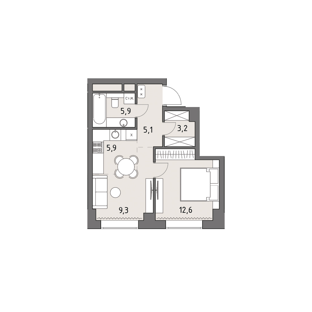 1 комн. квартира, 41.8 м², 18 этаж 