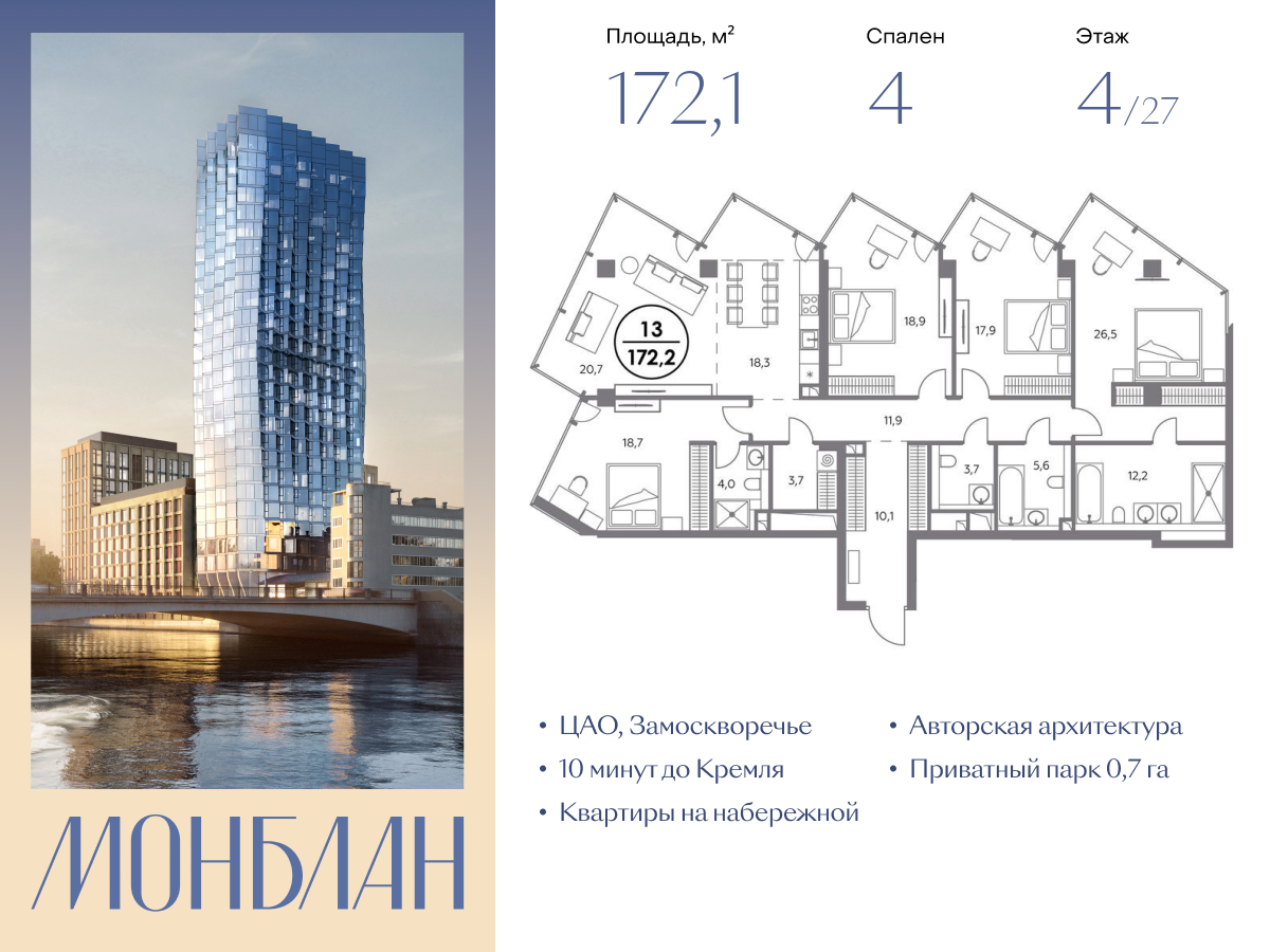 4 комн. квартира, 172.1 м², 4 этаж  (из 27)