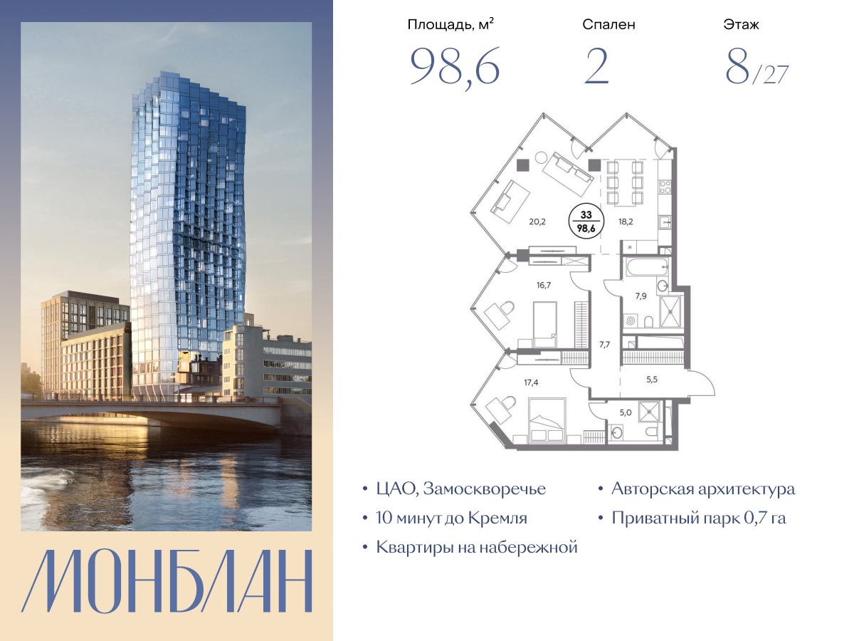 2 комн. квартира, 98.6 м², 8 этаж  (из 27)