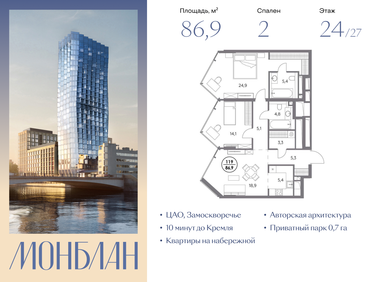 2 комн. квартира, 86.9 м², 24 этаж  (из 27)