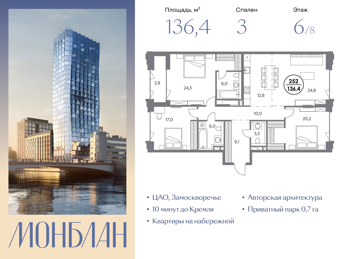 3 комн. квартира, 136.4 м², 6 этаж  (из 8)
