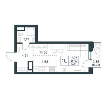 студия, 27.5 м², 16 этаж 