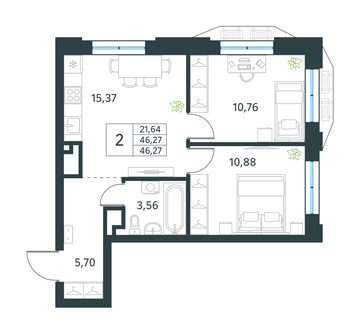2 комн. квартира, 46.3 м², 16 этаж 