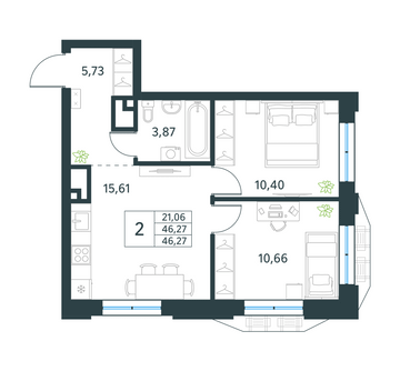2 комн. квартира, 46.3 м², 21 этаж 