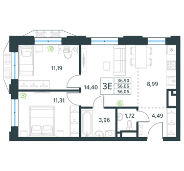 2 комн. квартира, 56.1 м², 11 этаж 