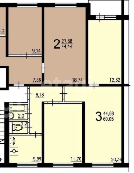 3 комн. квартира, 60 м², 7 этаж 