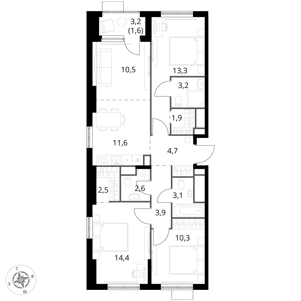 4 комн. квартира, 86.2 м², 9 этаж 