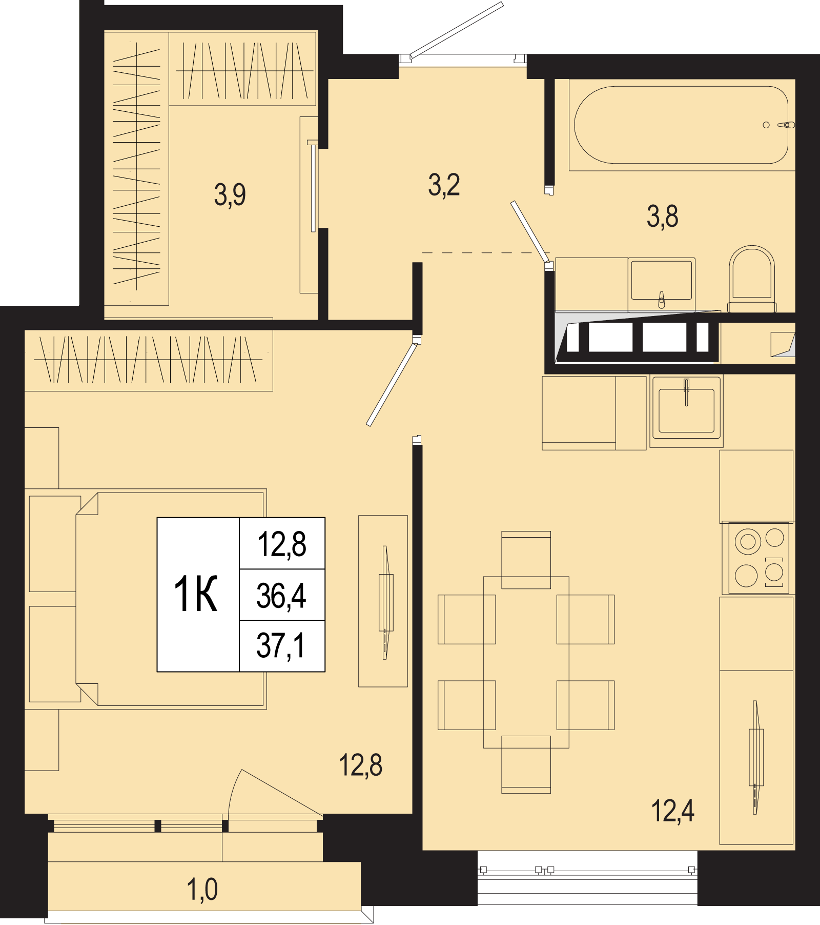 1 комн. квартира, 36.4 м², 6 этаж 