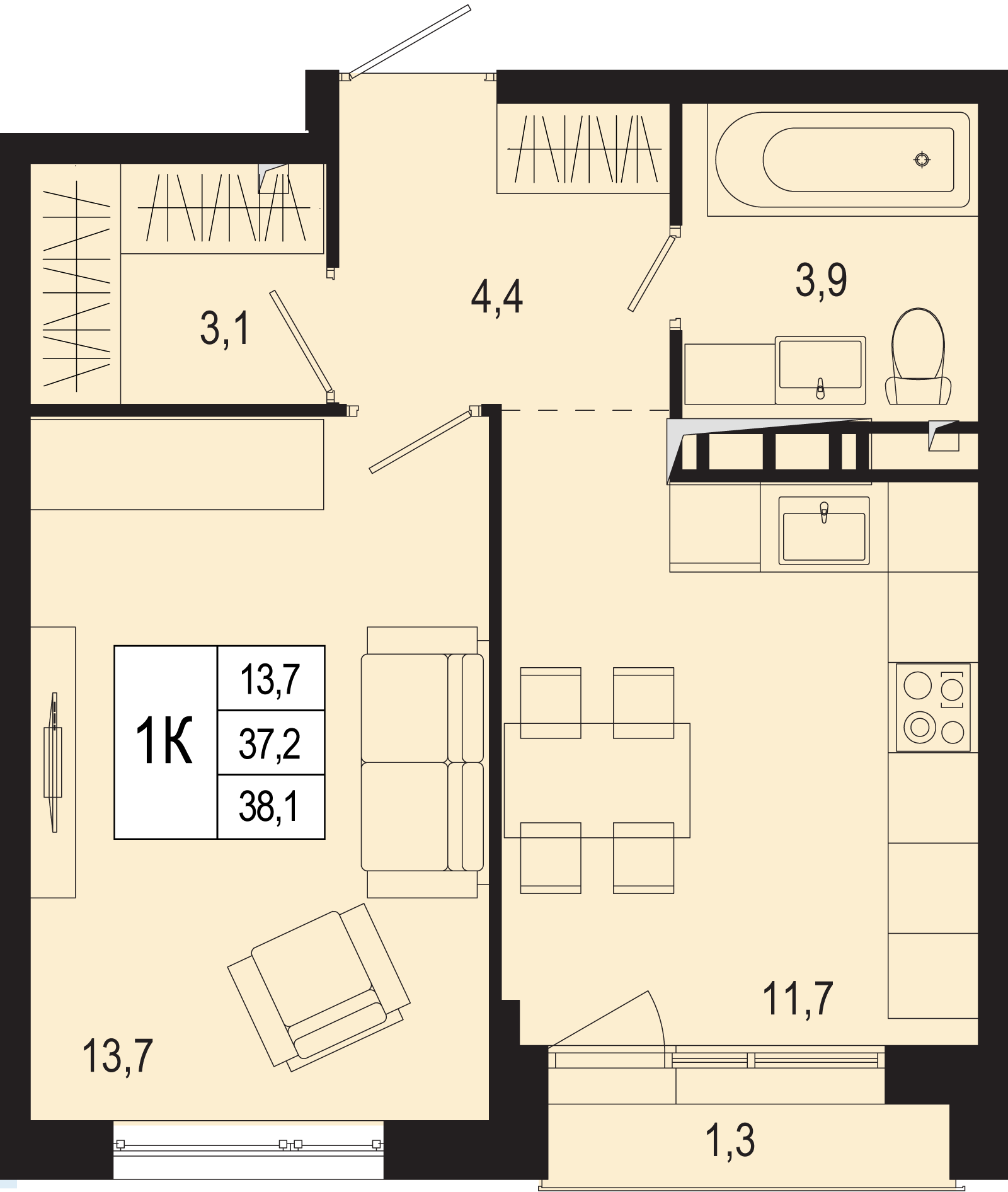 1 комн. квартира, 37.2 м², 5 этаж 