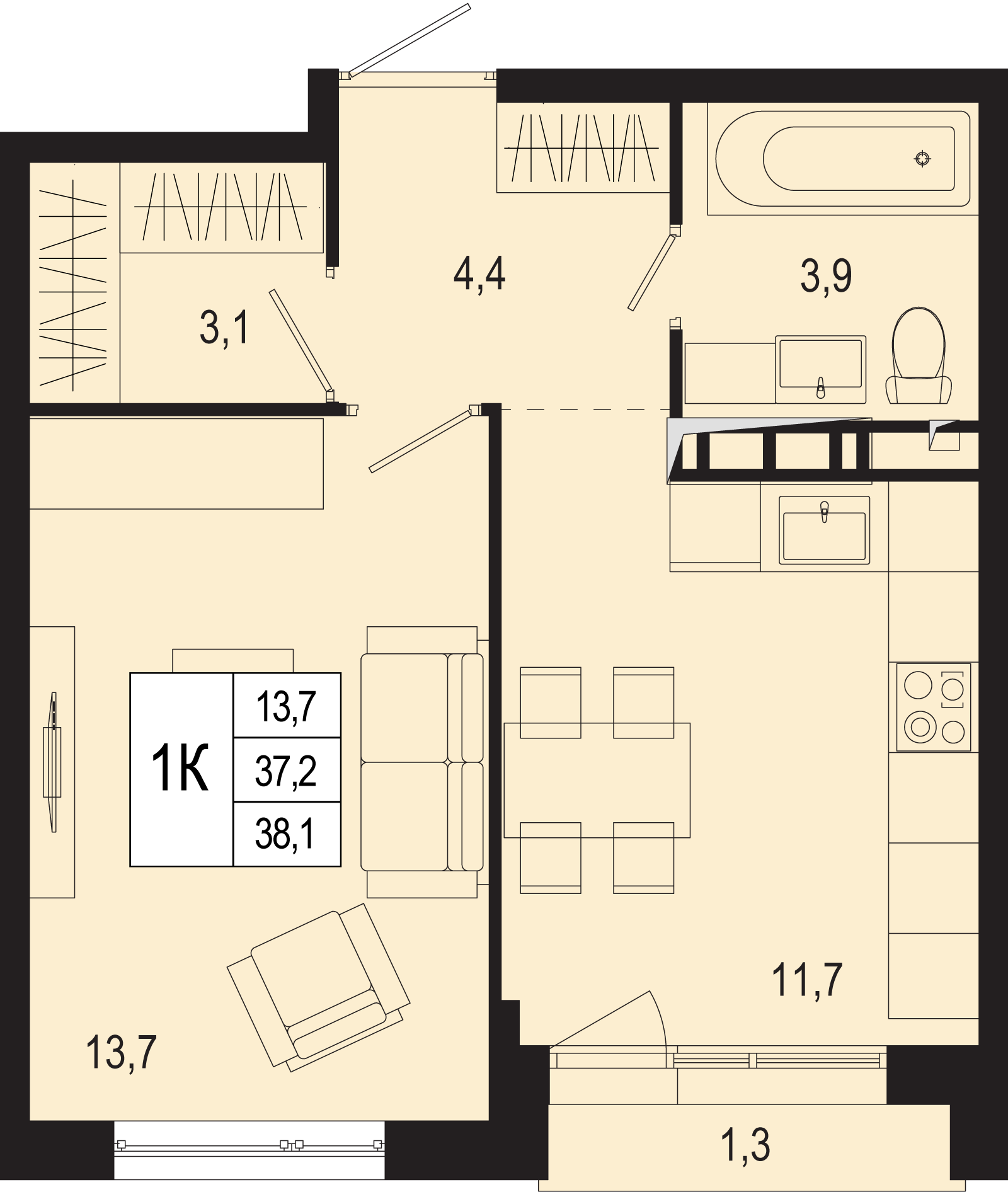 1 комн. квартира, 37.2 м², 7 этаж 