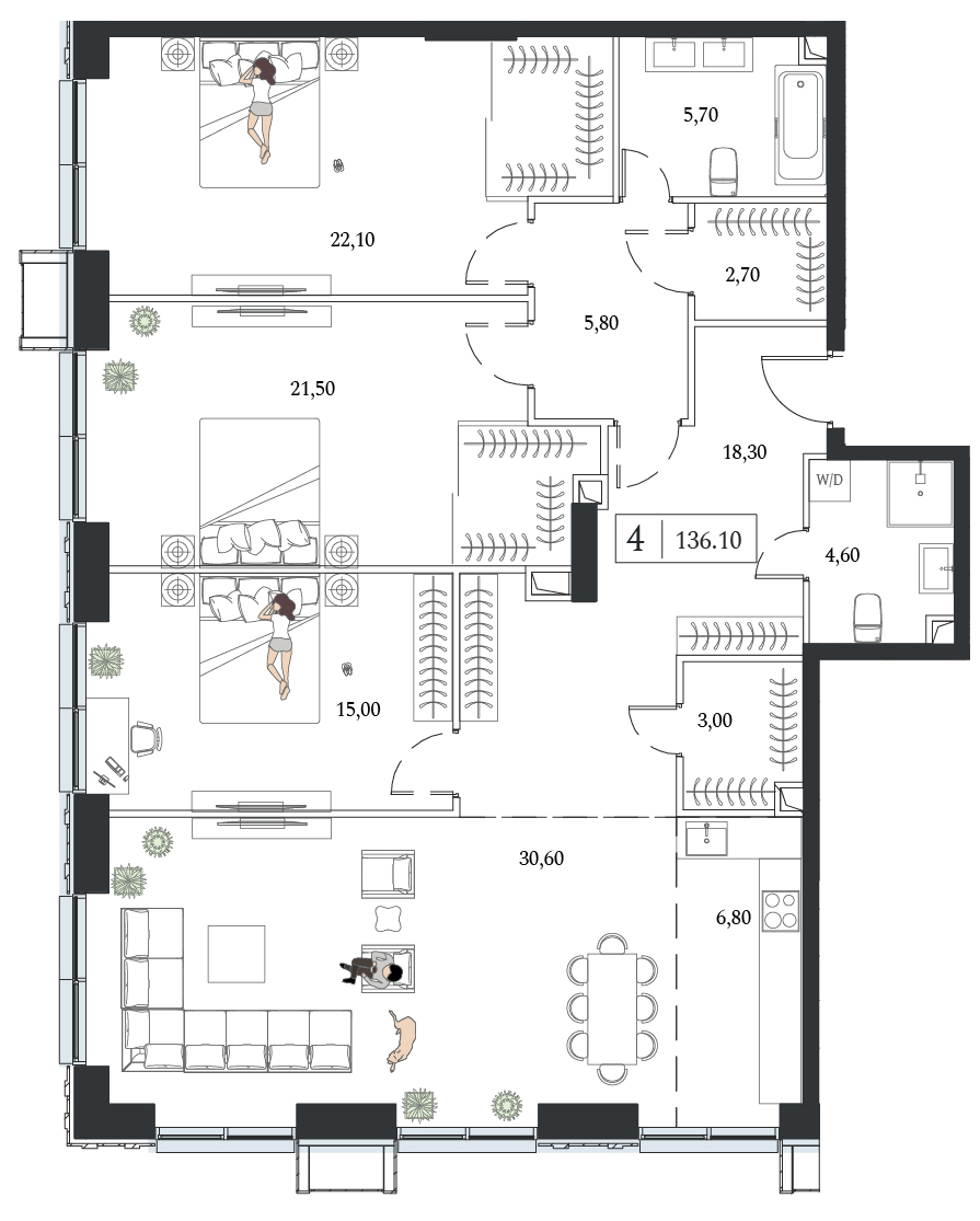 3 комн. квартира, 136.1 м², 21 этаж 
