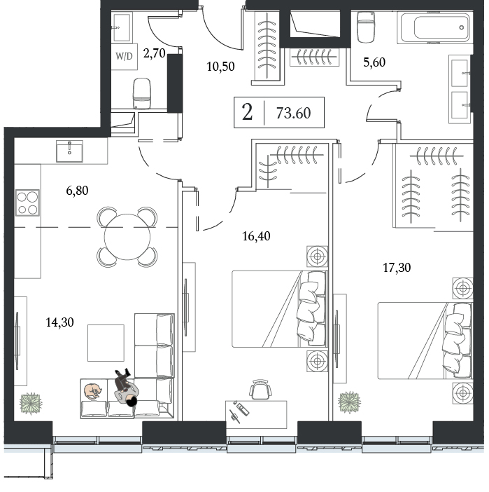 2 комн. квартира, 73.6 м², 20 этаж 