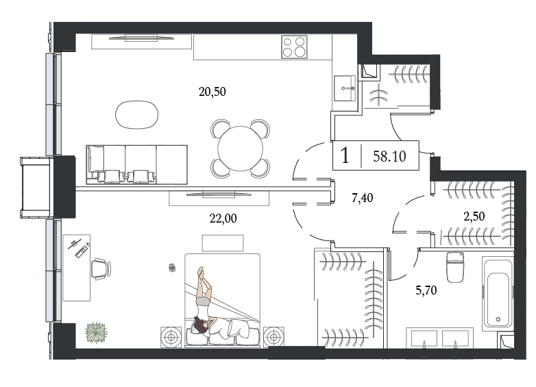 1 комн. квартира, 58.1 м², 12 этаж 