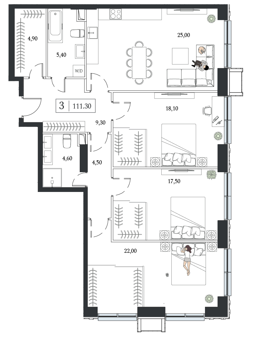 3 комн. квартира, 111.3 м², 11 этаж 
