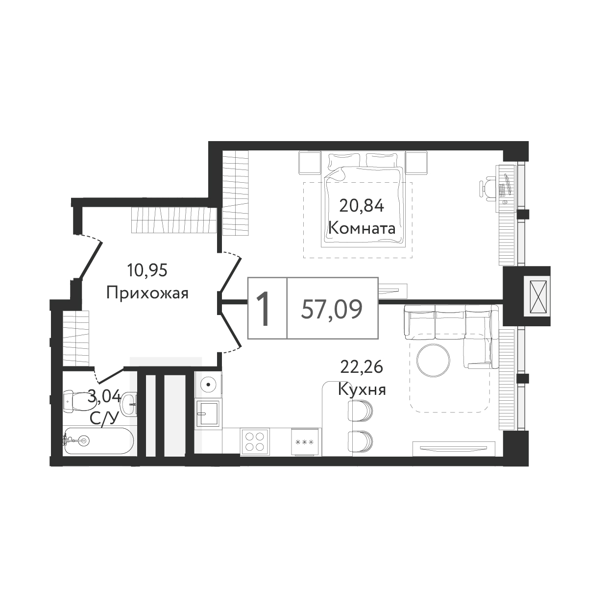 1 комн. квартира, 59 м², 11 этаж 