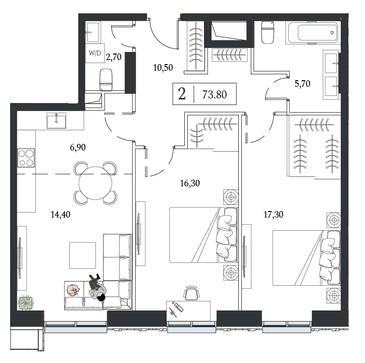 2 комн. квартира, 73.8 м², 10 этаж 
