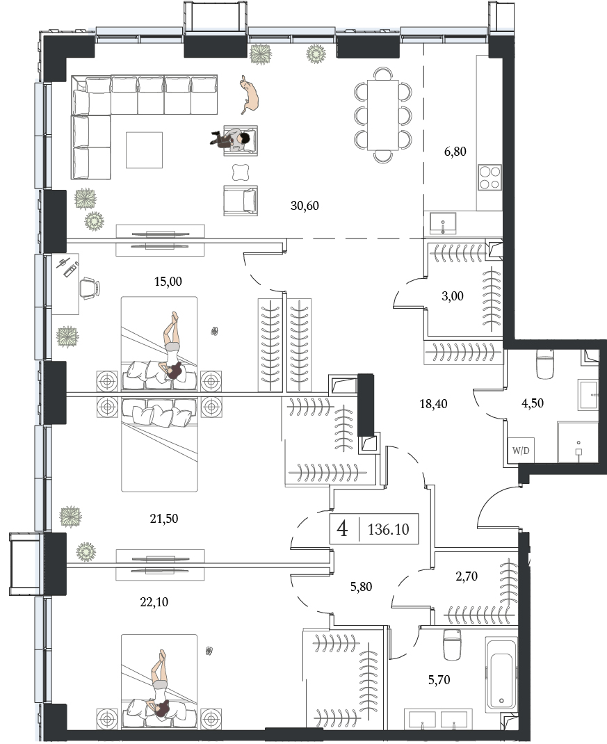 3 комн. квартира, 136.1 м², 22 этаж 