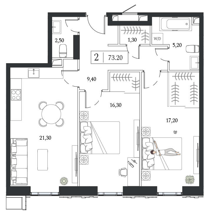 2 комн. квартира, 73.2 м², 3 этаж 