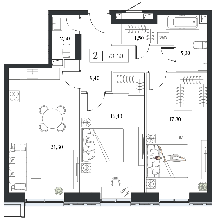 2 комн. квартира, 73.6 м², 18 этаж 