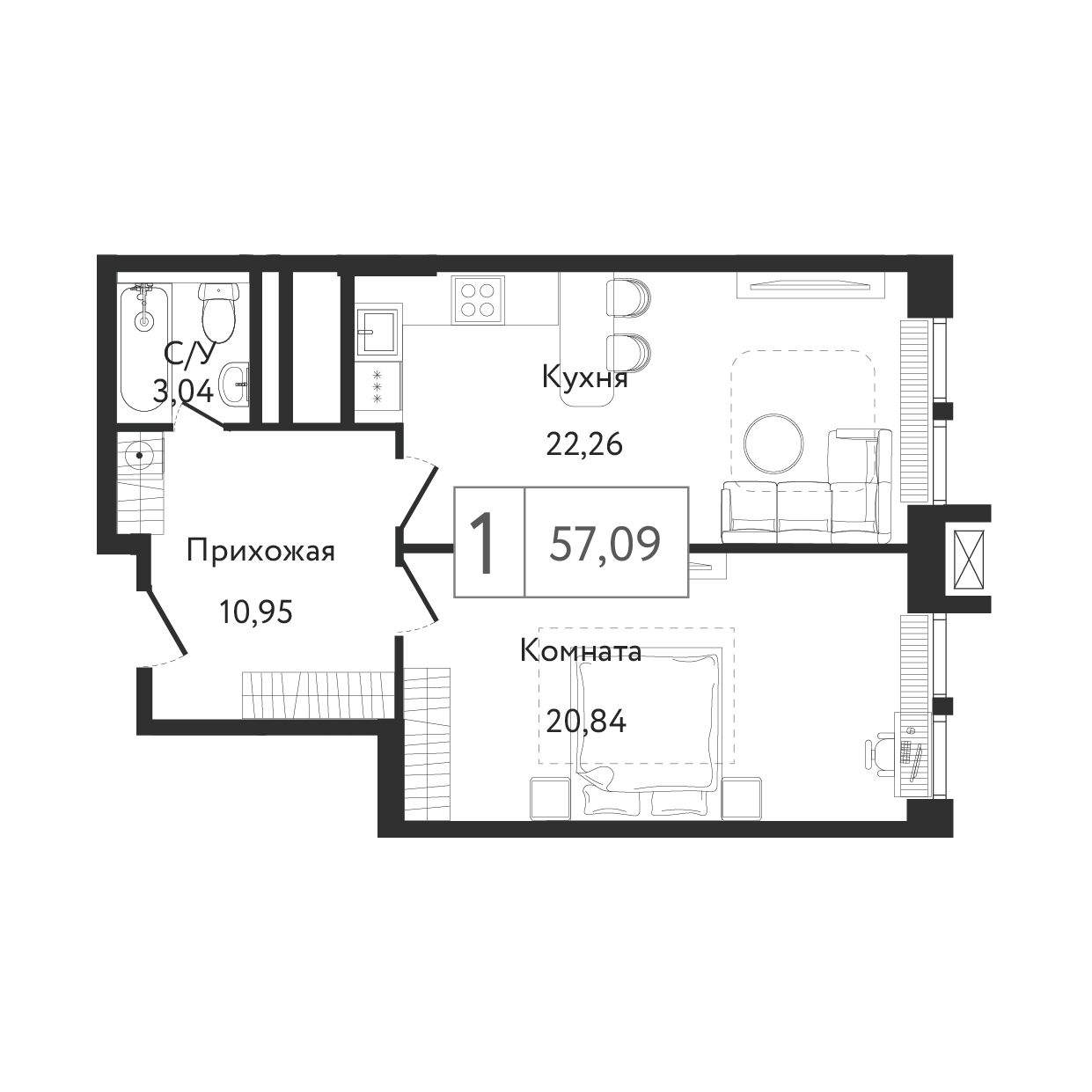 1 комн. квартира, 59 м², 11 этаж 