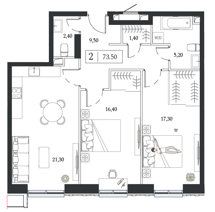 2 комн. квартира, 73.5 м², 10 этаж 