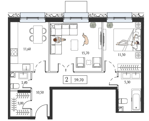 1 комн. квартира, 59.7 м², 6 этаж 