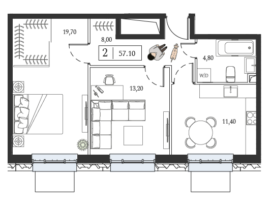 1 комн. квартира, 57.1 м², 6 этаж 