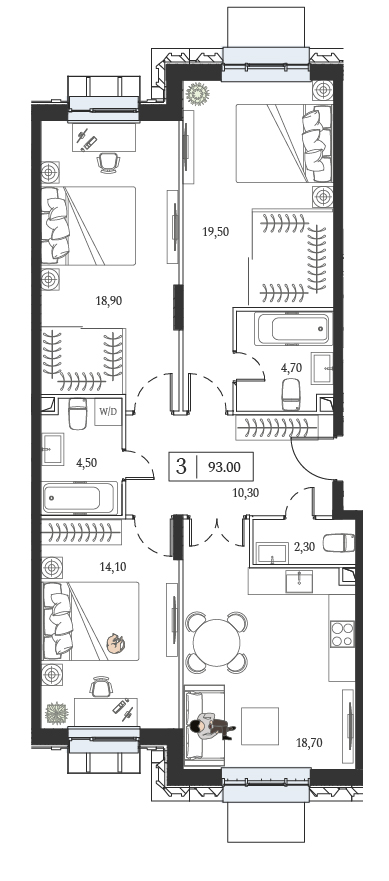 3 комн. квартира, 93 м², 6 этаж 