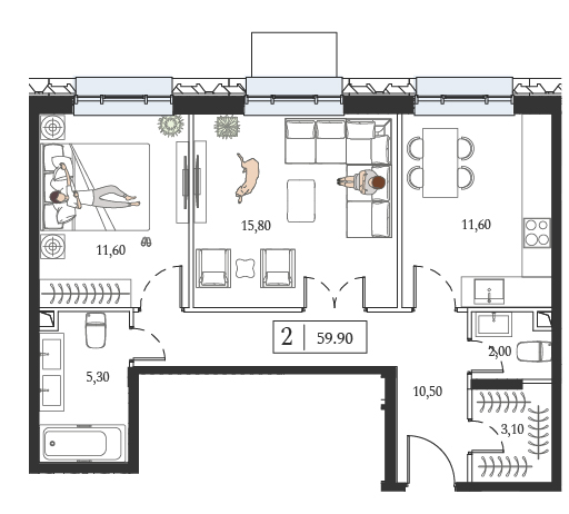 1 комн. квартира, 59.9 м², 6 этаж 