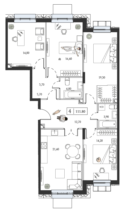 3 комн. квартира, 111.8 м², 6 этаж 