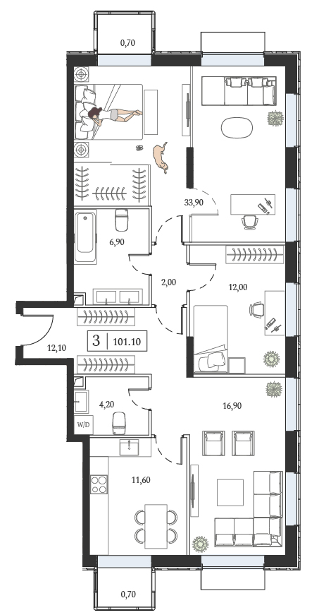2 комн. квартира, 101.1 м², 2 этаж 