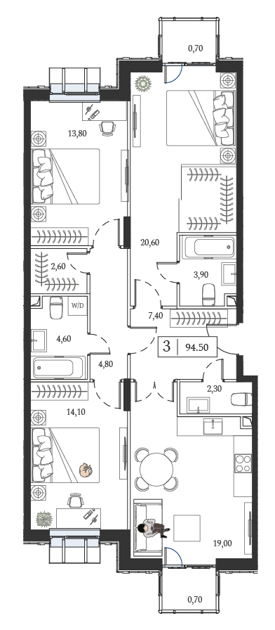 3 комн. квартира, 94.5 м², 5 этаж 