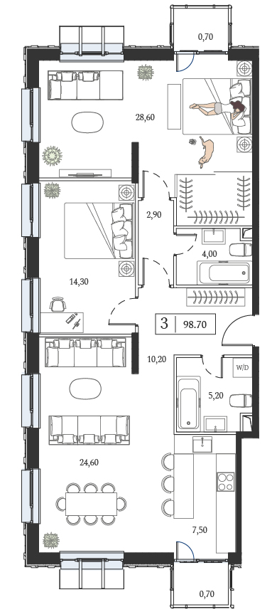 2 комн. квартира, 98.7 м², 4 этаж 