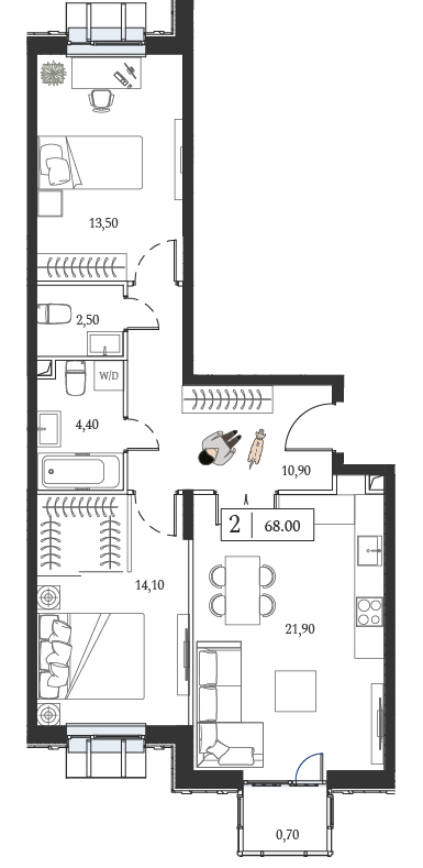 2 комн. квартира, 68 м², 5 этаж 