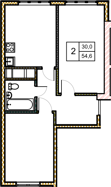 2 комн. квартира, 54.9 м², 5 этаж 
