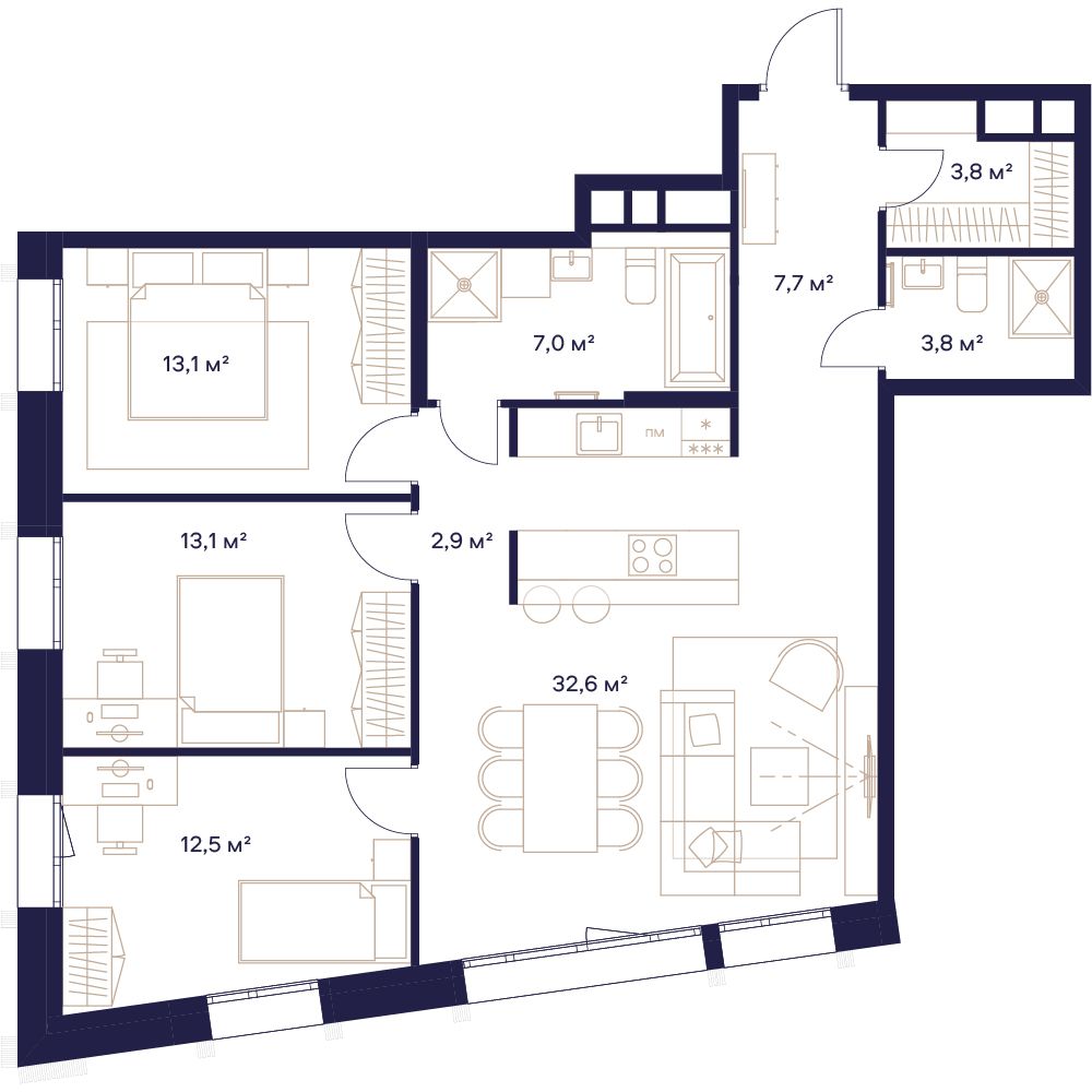 3 комн. квартира, 96.5 м², 4 этаж 